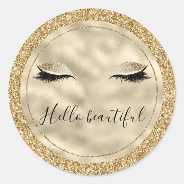 Gold Glam Glitter Girly Eyelashes personalised Classic Round Sticker (Front)