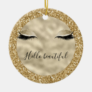 Gold Glam Glitter Girly Eyelashes personalized Ceramic Tree Decoration