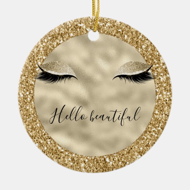 Gold Glam Glitter Girly Eyelashes personalized Ceramic Tree Decoration (Front)