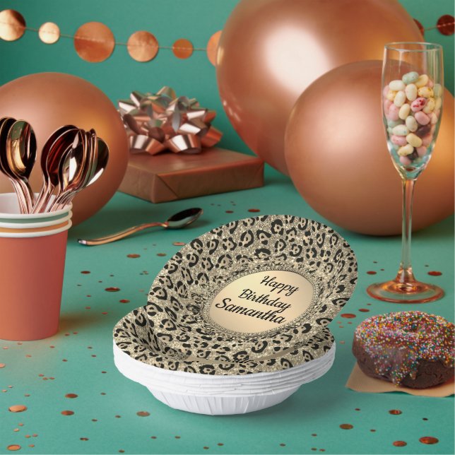 Gold Glam Glitter Leopard Print Paper Paper Plate (Multi)