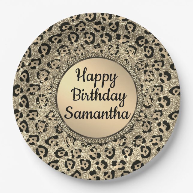 Gold Glam Glitter Leopard Print Paper Plate (Front)