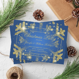 Gold Glam Glitter Snowflake Xmas Holiday Blue  Invitation