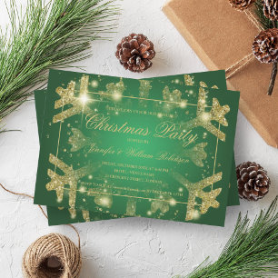 Gold Glam Glitter Snowflake Xmas Holiday Green Invitation