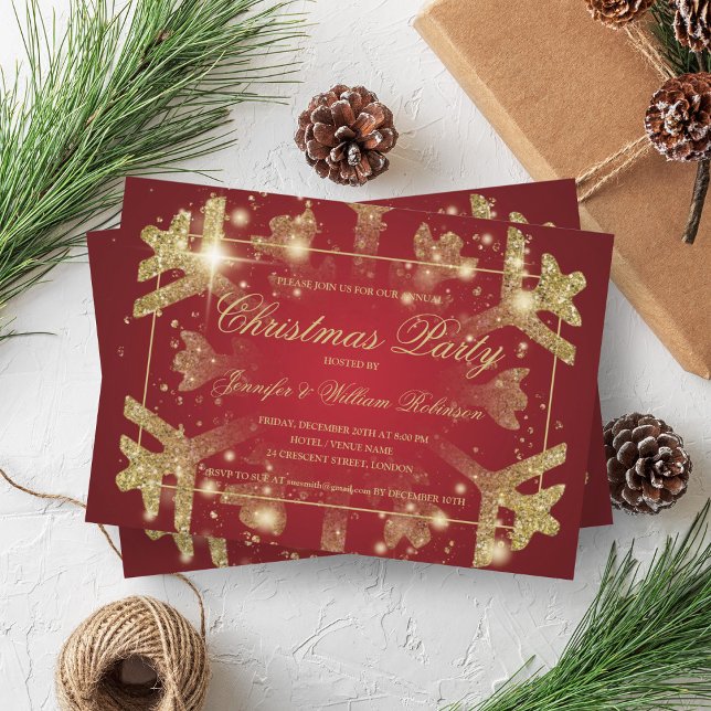 Gold Glam Glitter Snowflake Xmas Holiday Red Invitation (Gold Glam Glitter Snowflake Xmas Holiday Red Invitation)