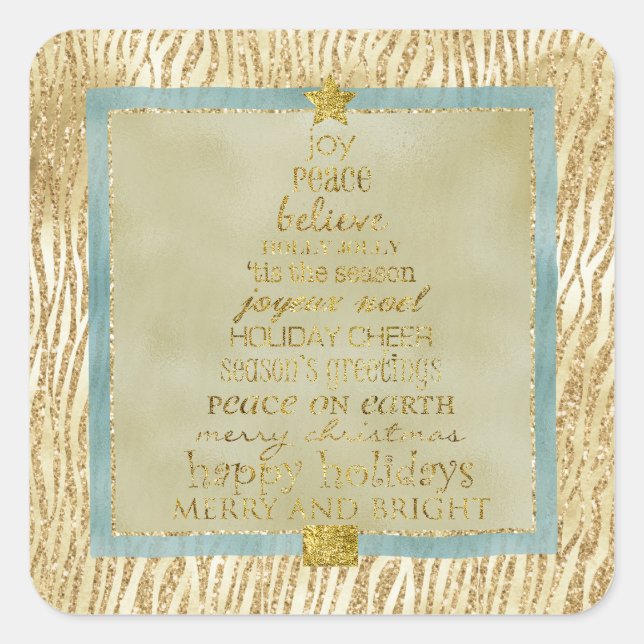 Gold Glam Glitter Zebra Christmas Tree  Square Sticker (Front)