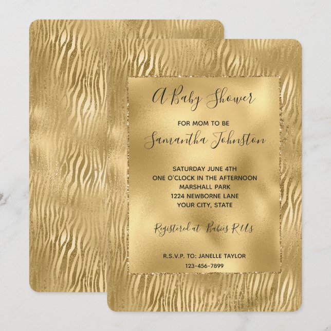 Gold Glam Glitz Zebra Print Baby Shower Invitation (Front/Back)