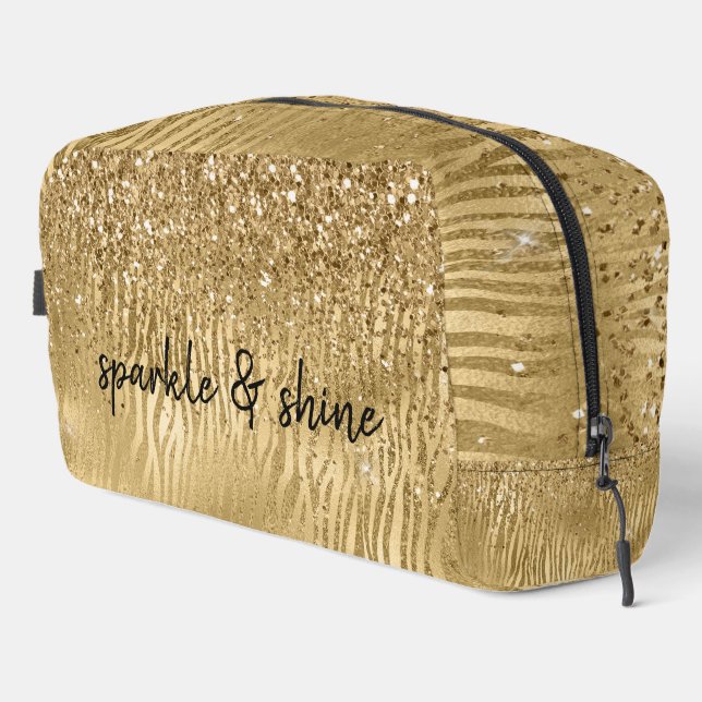Gold Glam Glitz Zebra Print Faux Glitter Dopp Kit (Right Corner)