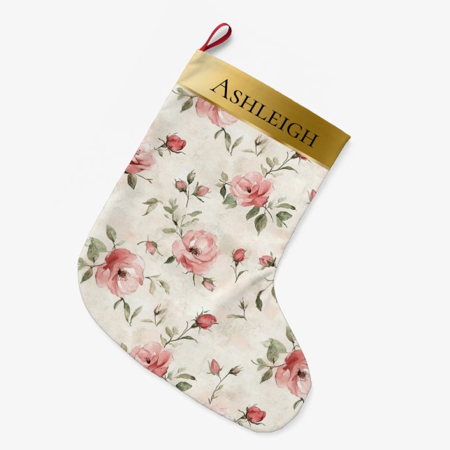 Gold Glam Pink Blush Roses Christmas Large Christmas Stocking (Front (Hanging))