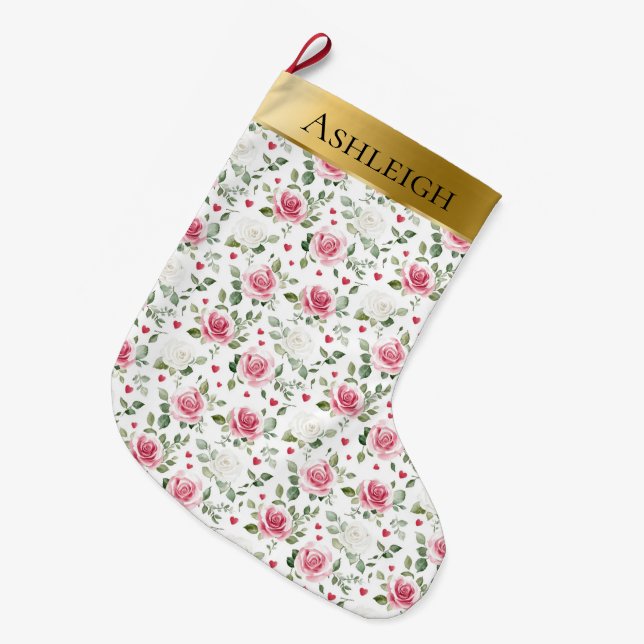 Gold Glam Pink White Floral Hearts Christmas  Large Christmas Stocking (Front (Hanging))
