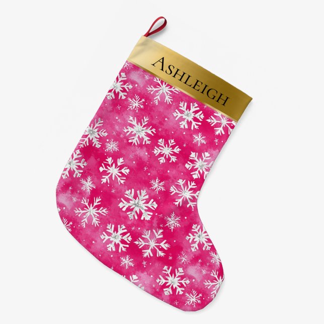 Gold Glam Pink White Snowflakes Christmas Large Christmas Stocking (Front (Hanging))