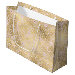Gold Glam Pretty Pink Lace Floral Bridal Shower Large Gift Bag