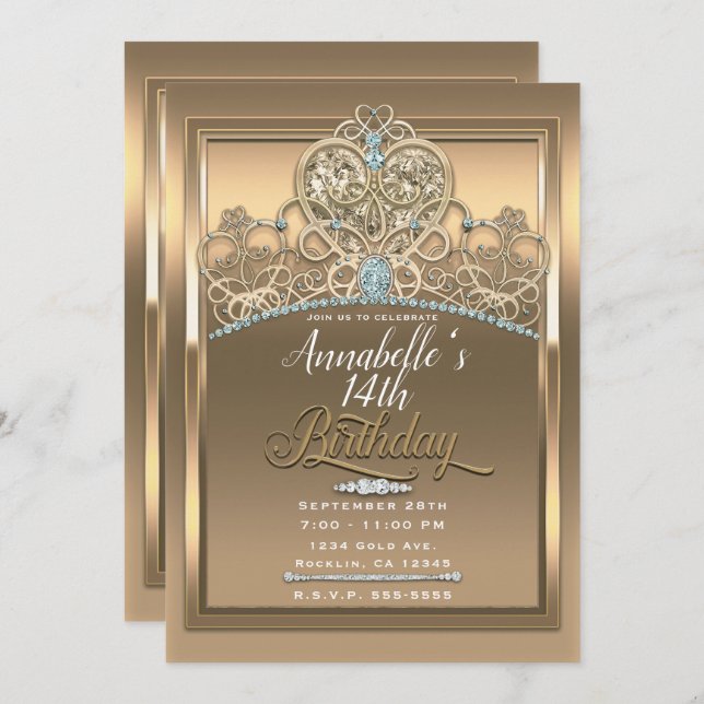 Gold Glam Princess Heart Tiara Birthday Party Invitation (Front/Back)