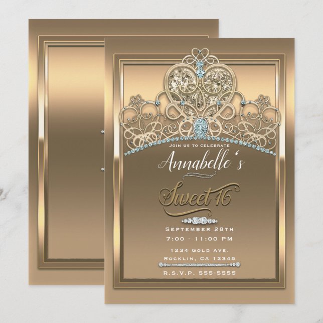Gold Glam Princess Heart Tiara Sweet 16 Party Invitation (Front/Back)