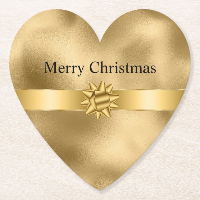 Gold Glam Ribbon and Bow Christmas Paper Coaster (Front)