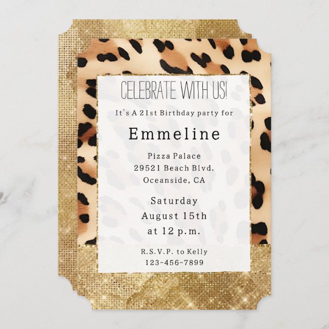Gold Glam Sparkle Cream Leopard  Invitation (Front/Back)