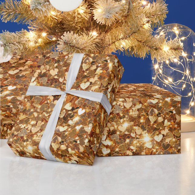 Gold Glam Sparkle Hearts Wrapping Paper (Holidays)