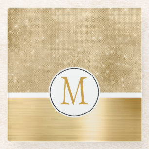 Gold Glam Sparkle Monogram Glass Coaster