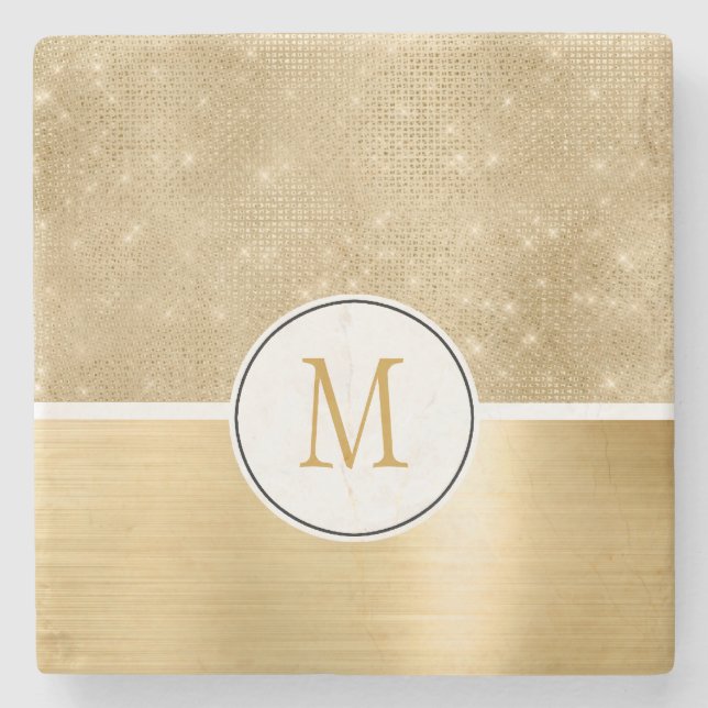 Gold Glam Sparkle Monogram Stone Coaster (Front)