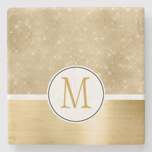Gold Glam Sparkle Monogram Stone Coaster (Front)