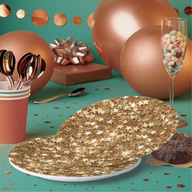 Gold Glam Sparkle Stars Paper Plate (Multi)