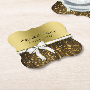 Gold Glam Sparkles & White Ribbon Elegant Wedding Paper Coaster