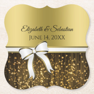 Gold Glam Sparkles & White Ribbon Elegant Wedding Paper Coaster