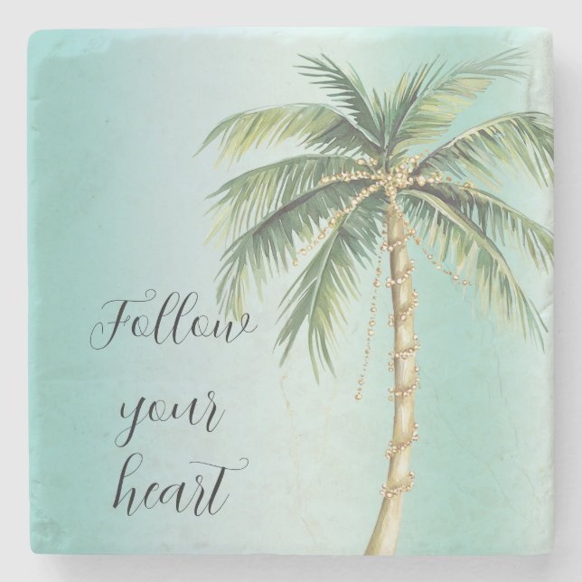 Gold Glam Tropical Palm Tree Stone Coaster (Front)