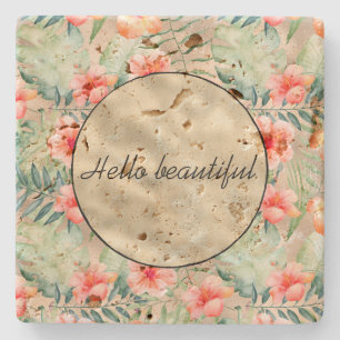 Gold Glam Tropical Pink Peach Hibiscus Floral  Stone Coaster