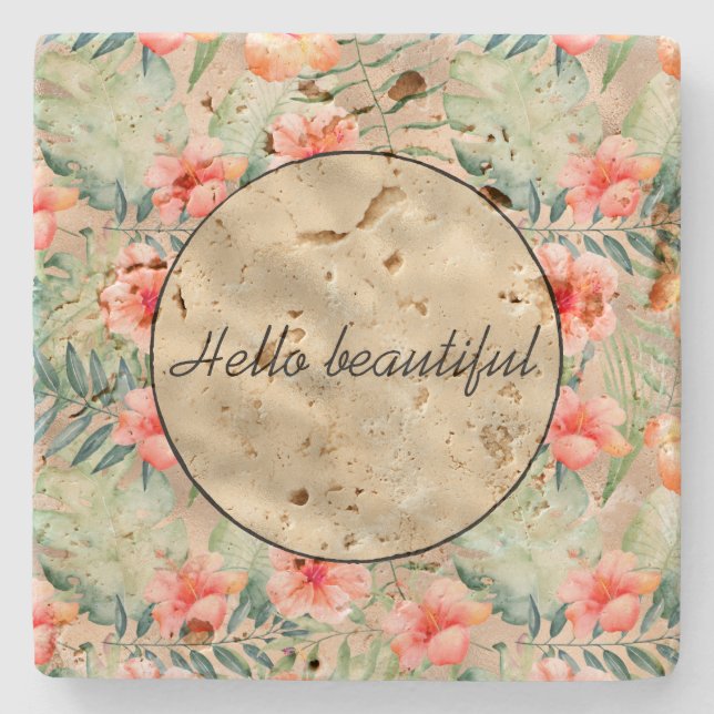 Gold Glam Tropical Pink Peach Hibiscus Floral  Stone Coaster (Front)