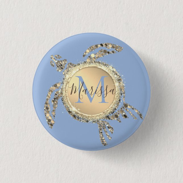 Gold Glam Turtle Monogram  Button (Front)