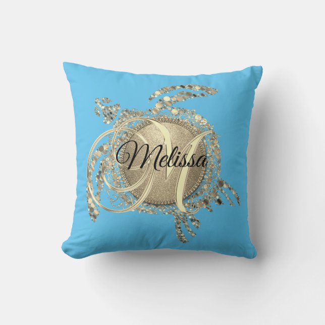 Gold Glam Turtle Monogram Personalised Cushion (Front)