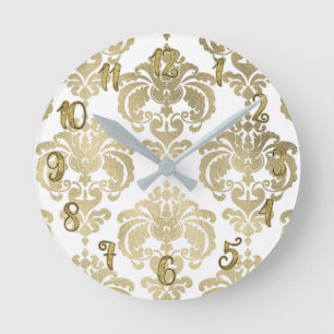Gold Glam & White Damask Modern Personalised Round Clock