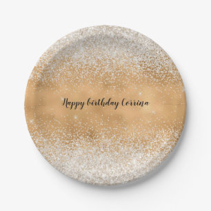 Gold Glam White Glitter Sparkle Paper Plate