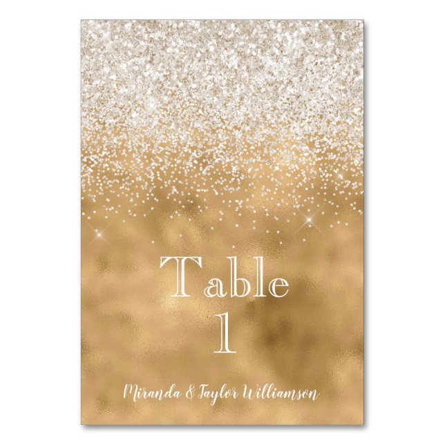Gold Glam White Glitter Sparkle Table Number (Front)