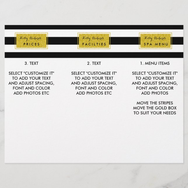 Gold Glamour Black Stripes Salon Menu Brochure (Front)