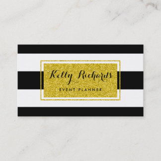 Gold Glamour Black White Stripes Business Card