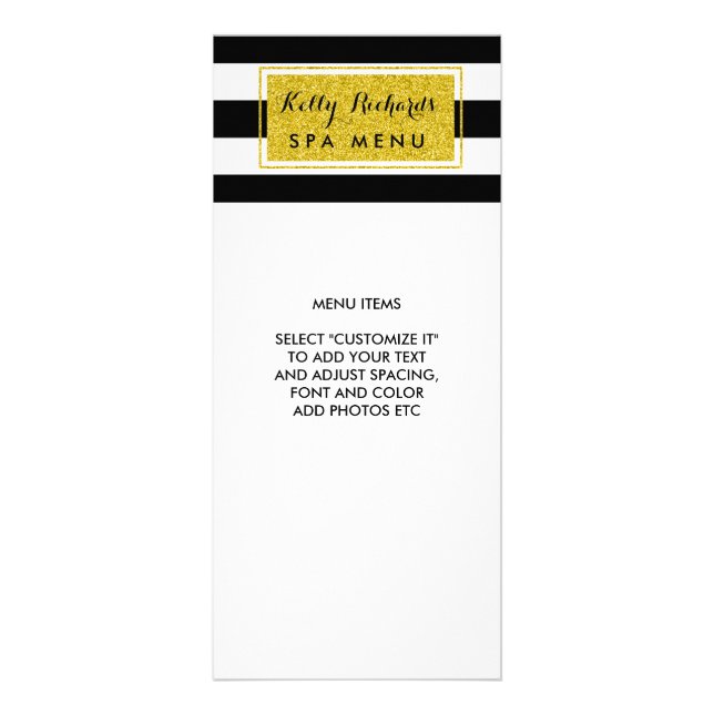Gold Glamour Black White Stripes Salon Menu (Front)