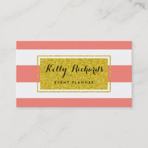 Gold Glamour Coral Pink White Stripes Business Business Card