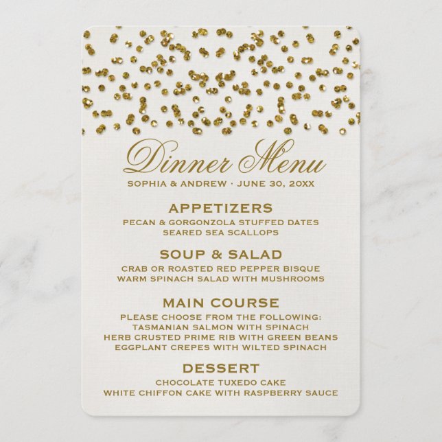Gold Glamour Glitter Confetti Wedding Menu (Front)