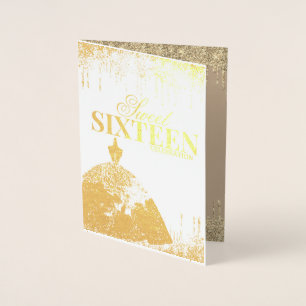 Gold Glamour Glitter Spark Drip Sweet 16 Birthday Foil Card