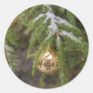 Gold Glass Christmas Ornament On Evergreen Tree Classic Round Sticker