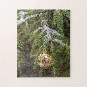 Gold Glass Christmas Ornament On Evergreen Tree Jigsaw Puzzle