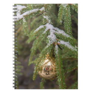 Gold Glass Christmas Ornament On Evergreen Tree Notebook