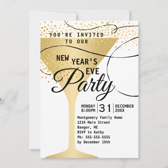 Gold Glass Confetti White New Years Eve Party 2019 Invitation (Front)