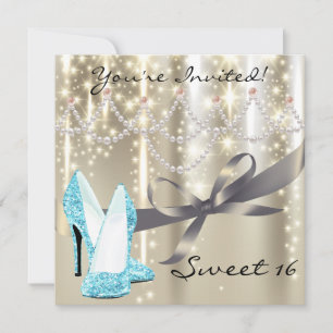 Gold Glimmer Blue Glitter Shoes Sweet Sixteen Invitation