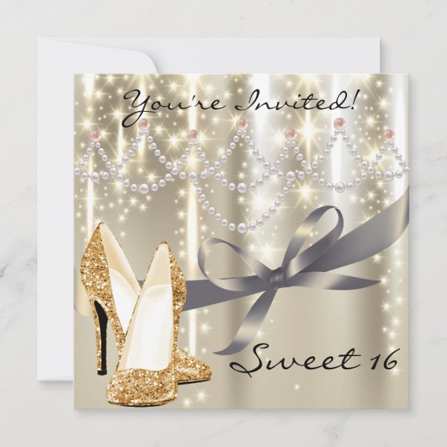 Gold Glimmer Gold Glitter Shoes Sweet Sixteen Invitation (Front)