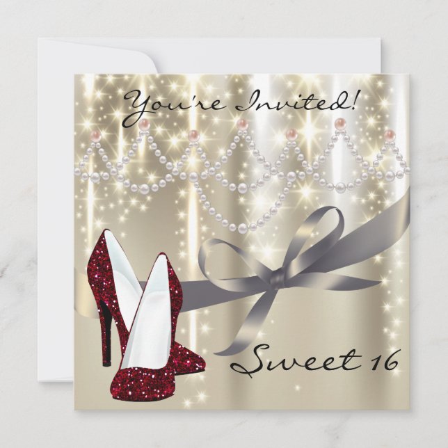Gold Glimmer Red Glitter Shoes Sweet Sixteen Invitation (Front)