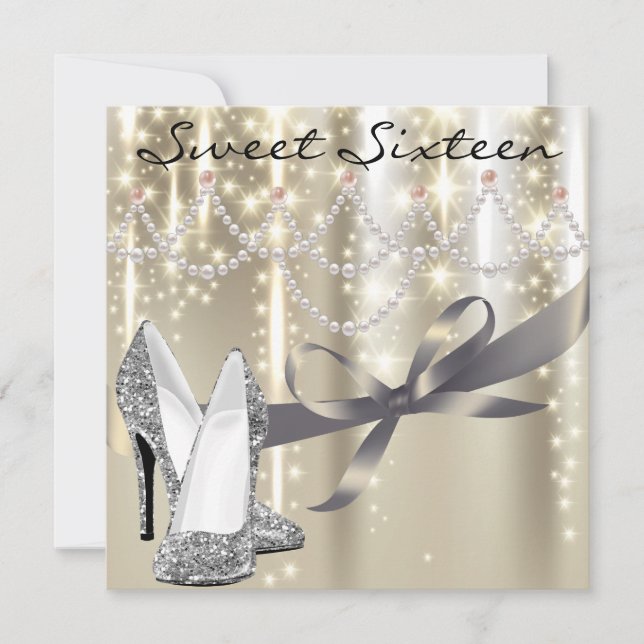 Gold Glimmer Silver Shoes Sweet Sixteen Invitation (Front)