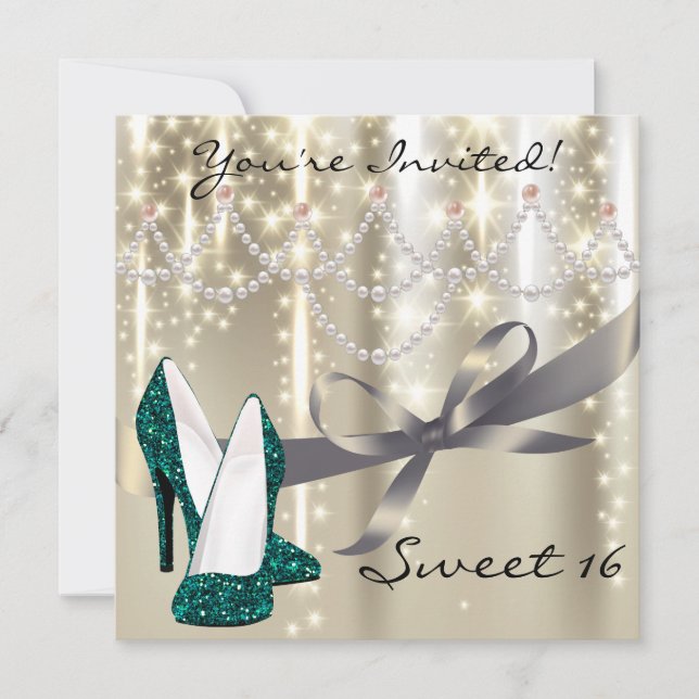 Gold Glimmer Teal Glitter Shoes Sweet Sixteen Invitation (Front)