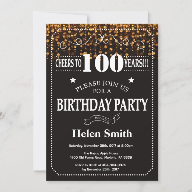Gold Glitter 100th Birthday Invitation (Front)